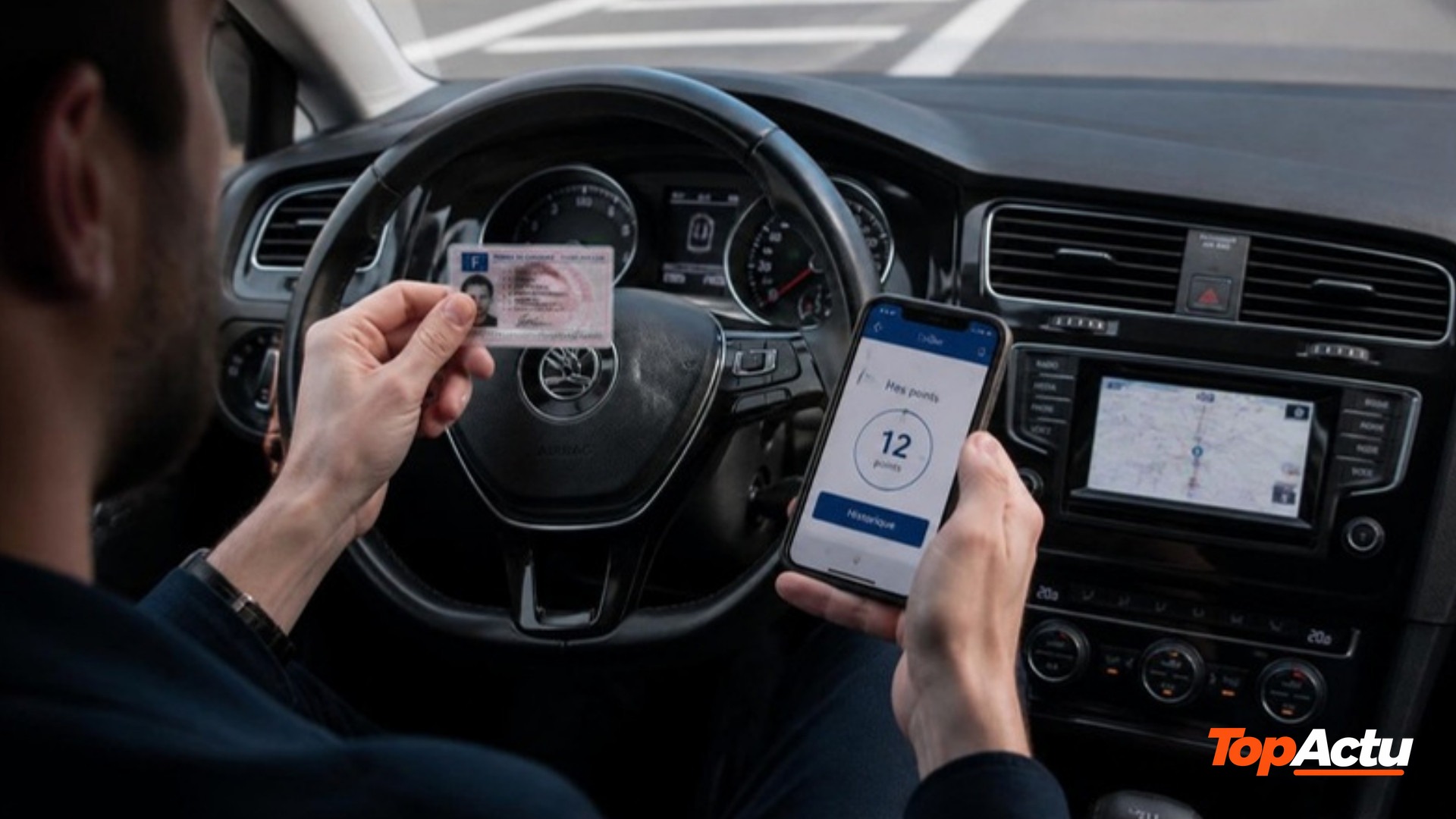 Un conducteur vérifie son permis de conduire et son solde de points sur une application smartphone, au volant
