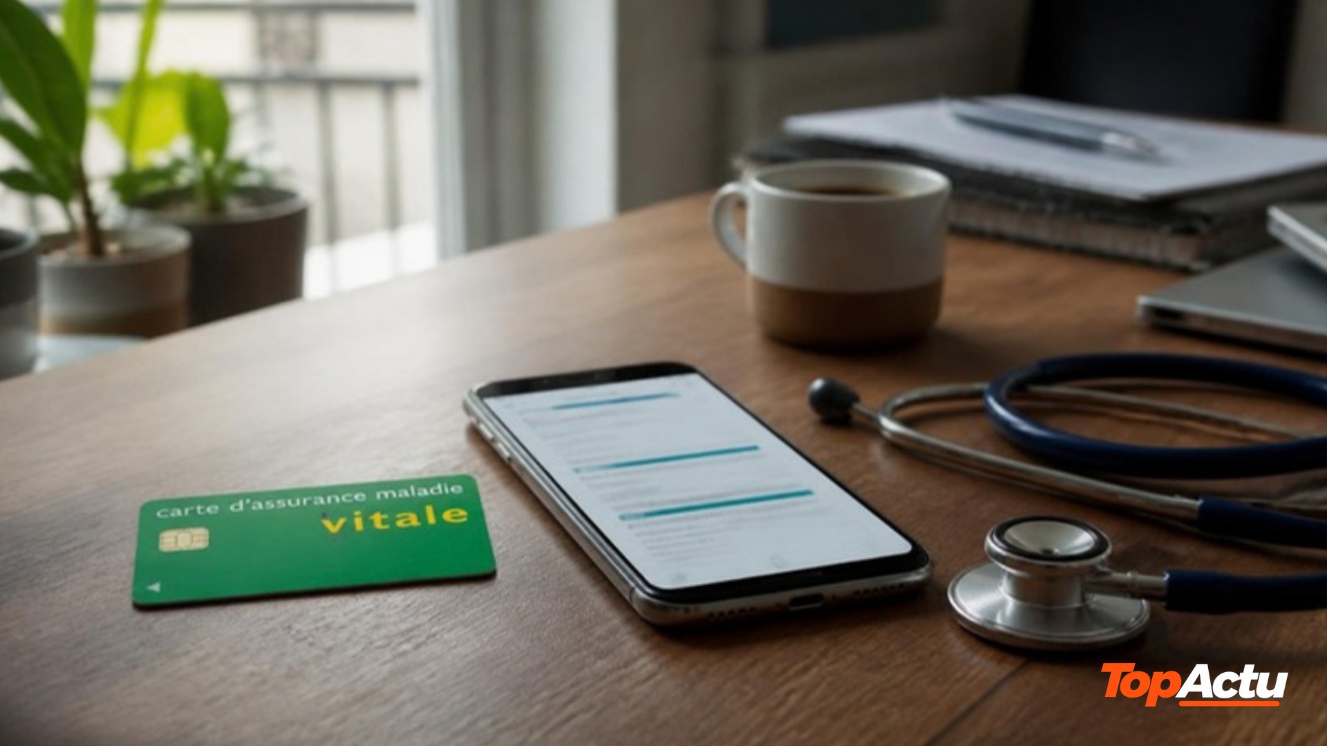 Carte Vitale et smartphone affichant un relevé de remboursement, sur un bureau avec un stéthoscope et un café