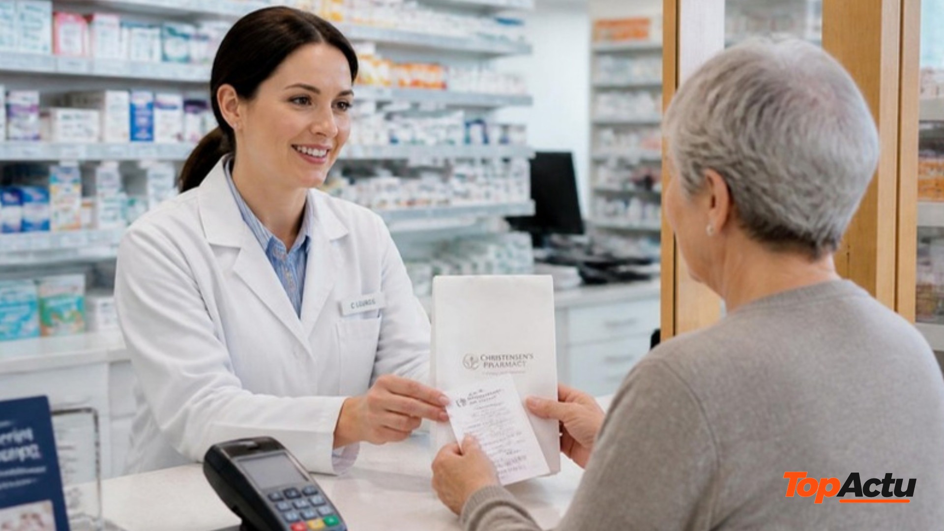 Un pharmacien remet un sac de médicaments et un ticket de caisse à une cliente au comptoir