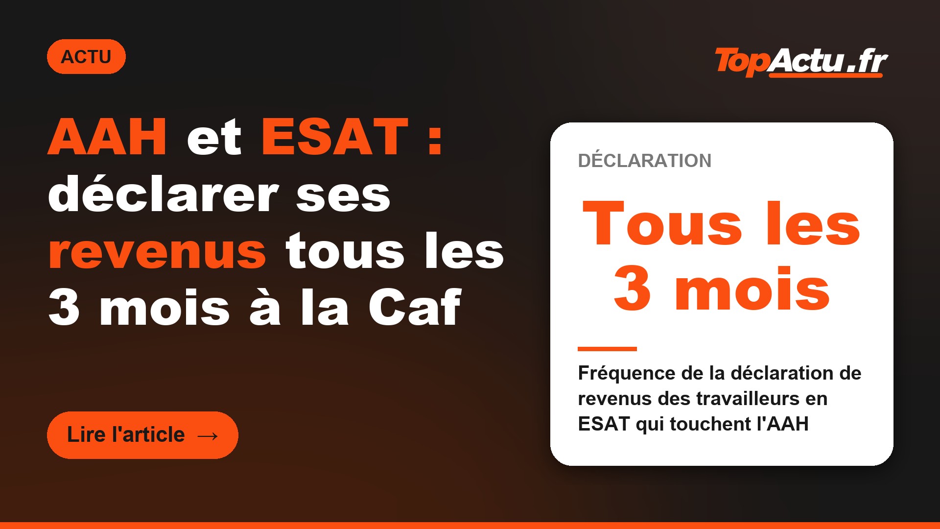 AAH et ESAT : déclarer ses revenus tous les 3 mois à la Caf : Tous les 3 mois (fréquence de la déclaration de revenus des travailleurs en ESAT qui touchent l'AAH)