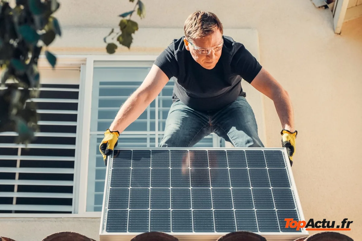 Un homme qui tient un panneau solaire devant la fenêtre d'un balcon