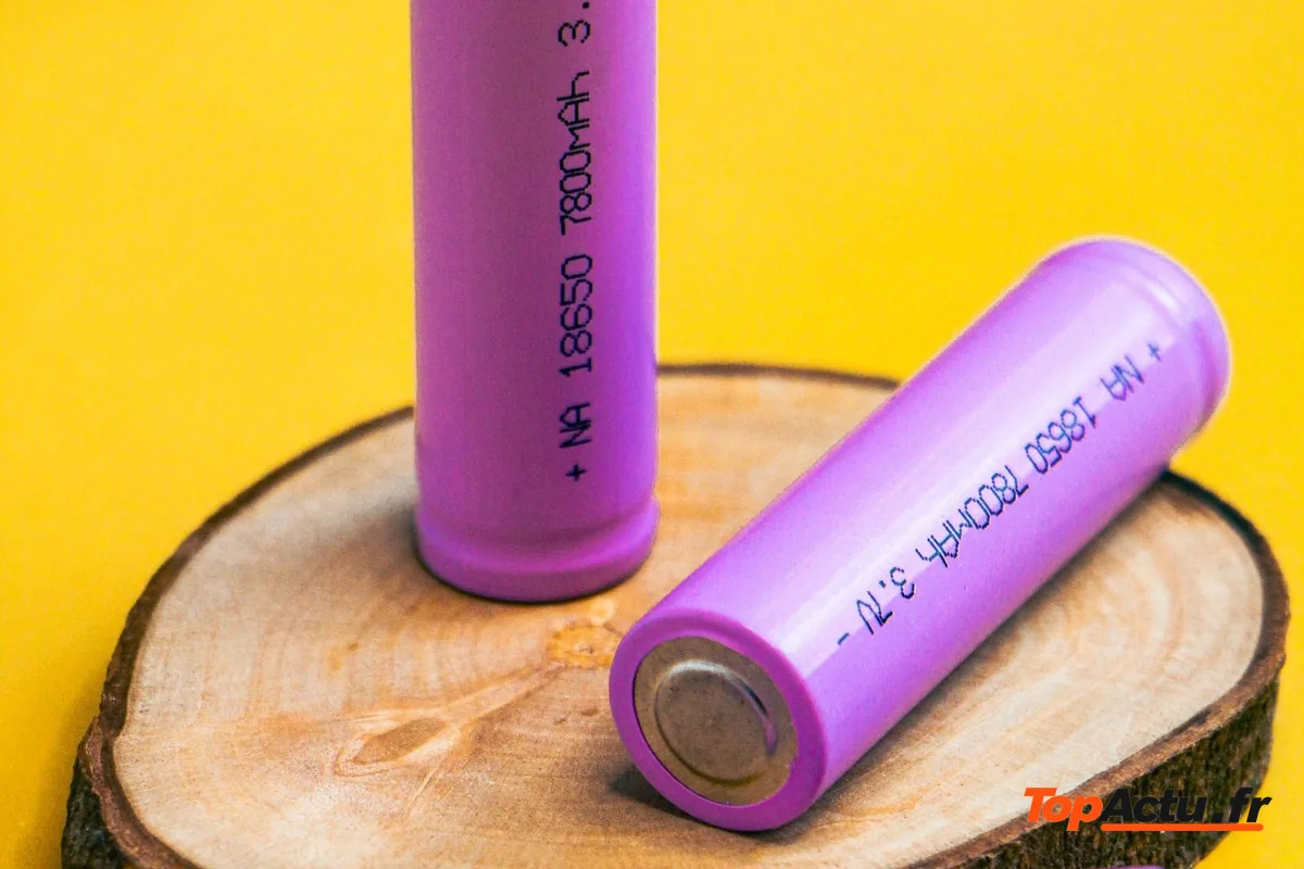 Trois cellules de batterie cylindriques posées sur une tranche de bois, sur fond jaune