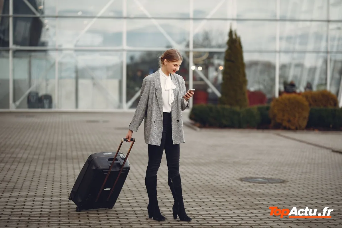 Une voyageuse tire une valise à roulettes devant un terminal d'aéroport en regardant son téléphone