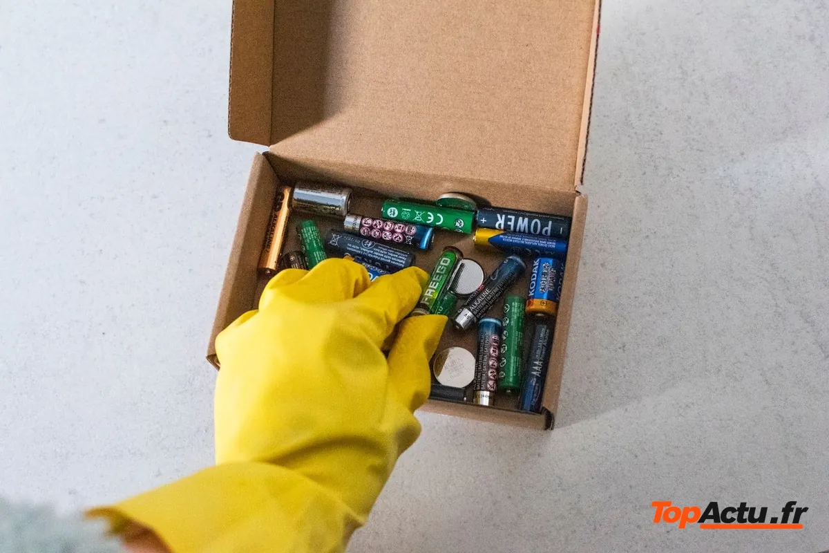 Une main gantée de jaune dépose des piles dans une boîte en carton