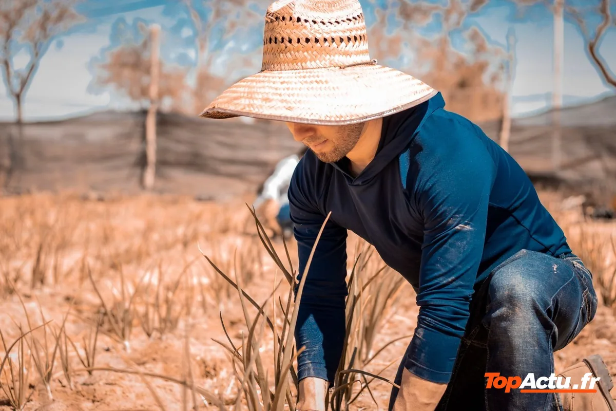 Un travailleur coiffé d'un chapeau de paille, accroupi dans un champ en plein soleil
