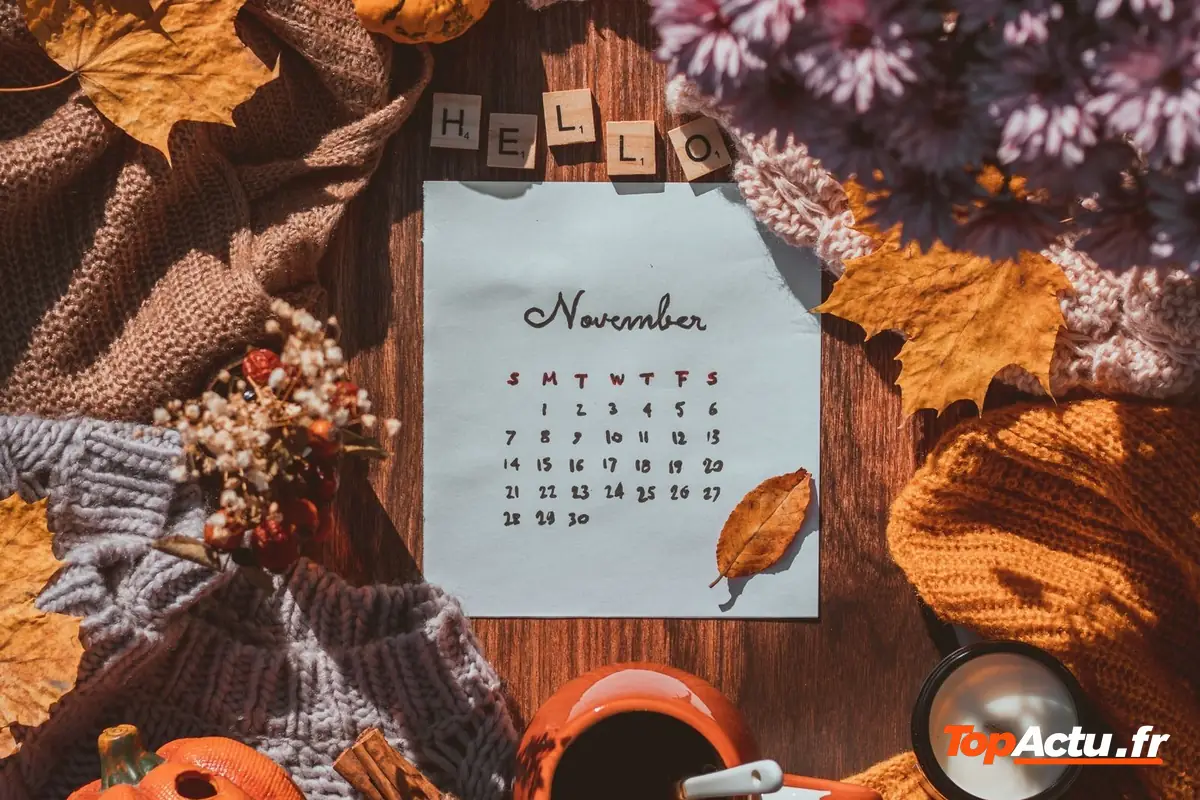 Calendrier de novembre posé sur un plaid d'automne, avec des feuilles et une citrouille
