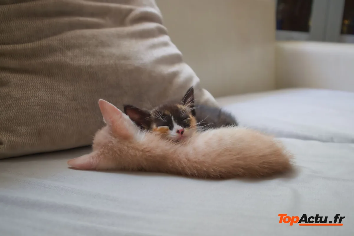 Deux chatons endormis sur un lit près d'un coussin