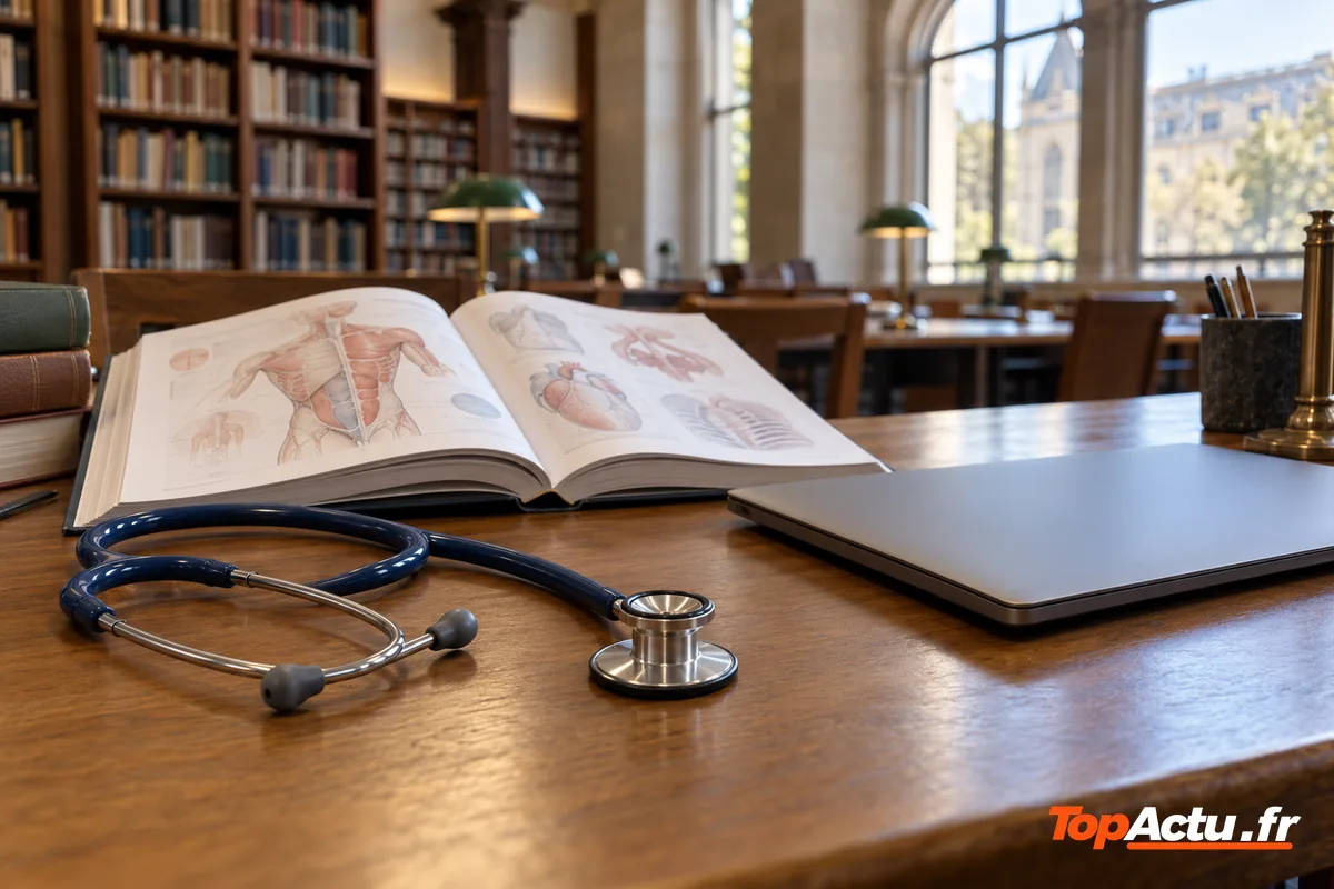 Un stéthoscope, un manuel d'anatomie ouvert et un ordinateur portable sur une table de bibliothèque universitaire