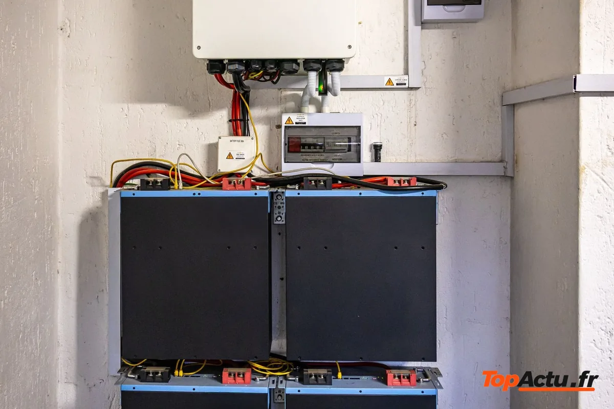 Un local technique avec un onduleur mural et des batteries de stockage empilées