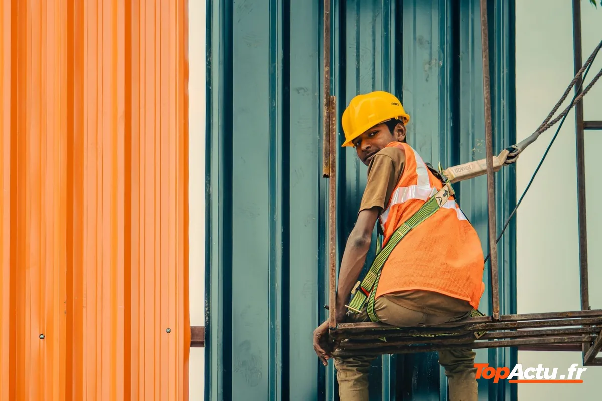Ouvrier en casque jaune suspendu à un échafaudage