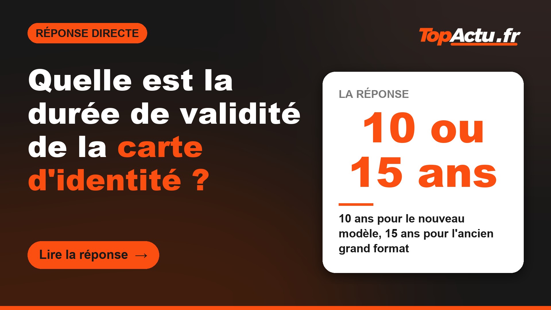 Quelle est la durée de validité de la carte d'identité ? : 10 ou 15 ans (10 ans pour le nouveau modèle, 15 ans pour l'ancien grand format)