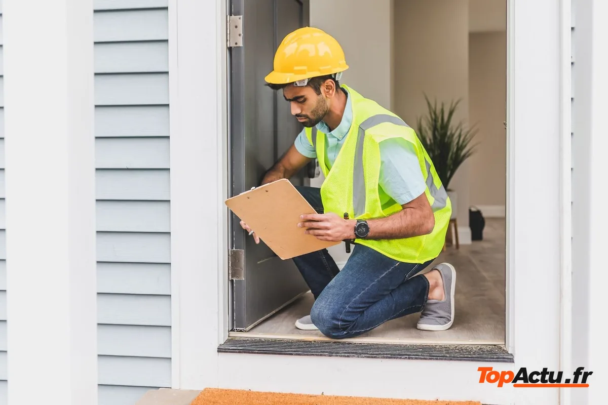 Technicien en casque jaune et gilet qui tient un porte-bloc devant la porte d'un logement