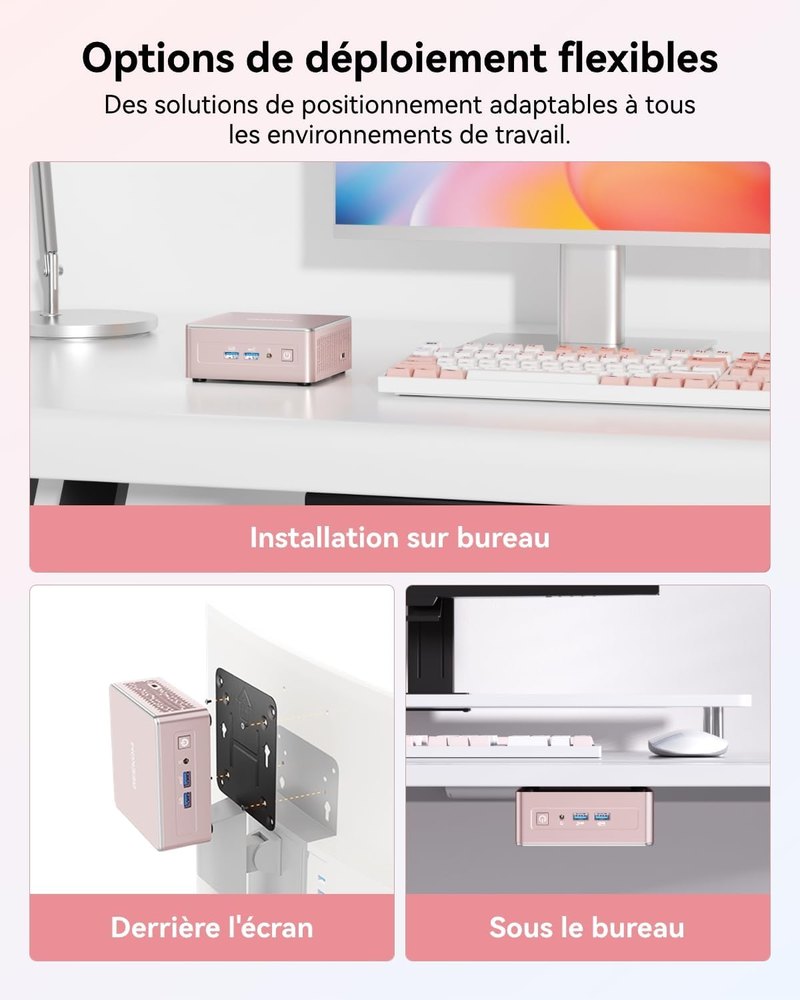 Installation du mini PC GEEKOM A5 2027 Edition sur un bureau, derrière un écran ou sous le bureau, visuel du fabricant