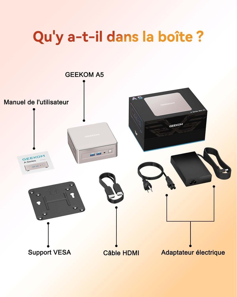 Contenu de la boîte du mini PC GEEKOM A5 2027 Edition : manuel, support VESA, câble HDMI et alimentation, visuel du fabricant