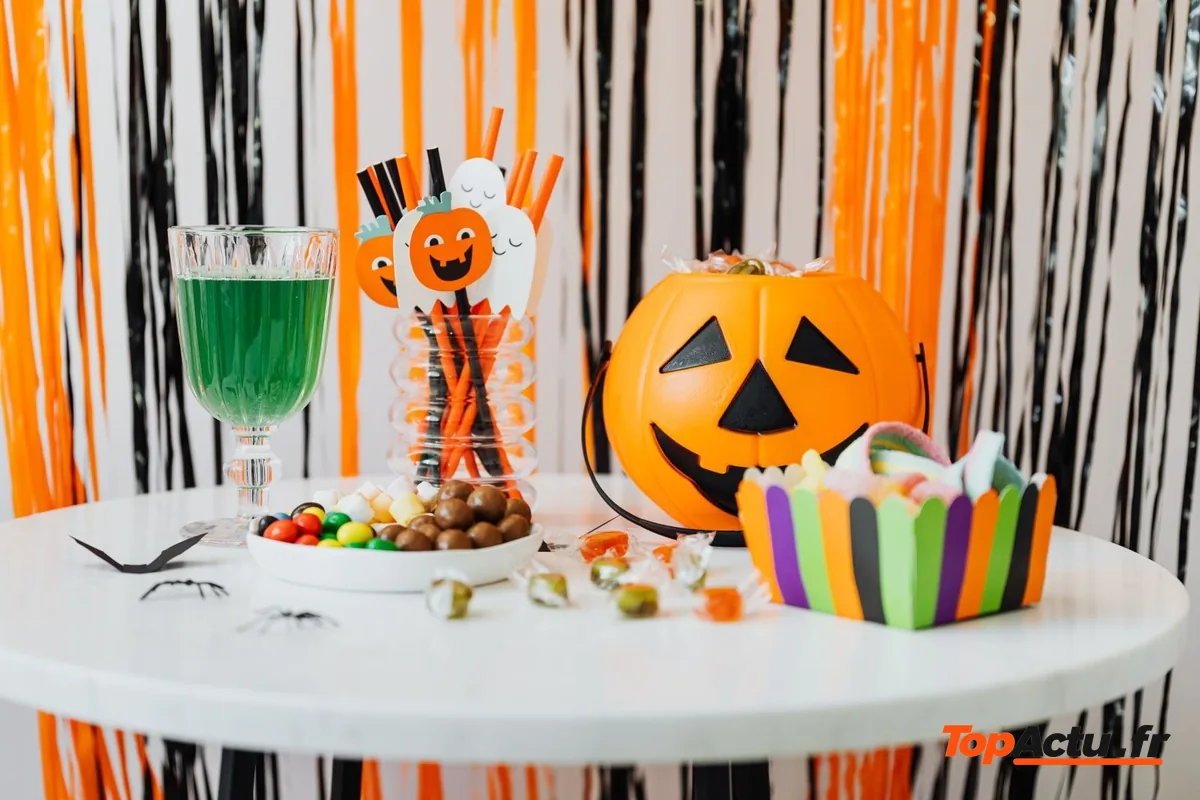Table de fête d'Halloween avec une citrouille, des bonbons et une boisson verte