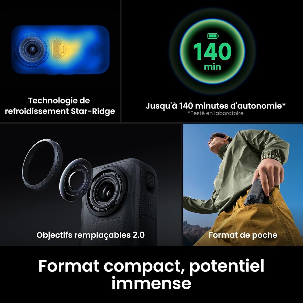 Autonomie annoncée de 140 minutes et refroidissement de l'Insta360 X6, visuel du fabricant