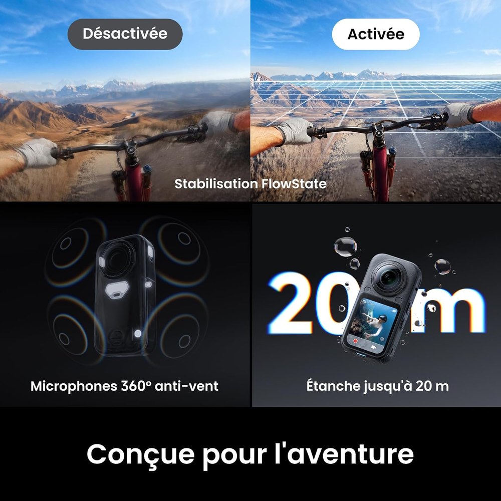 Stabilisation, micros anti-vent et étanchéité à 20 mètres de l'Insta360 X6, visuel du fabricant