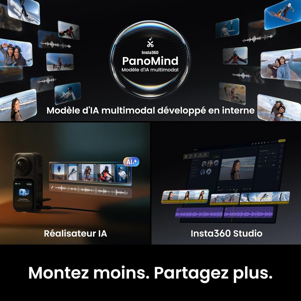 Réalisateur IA et logiciel Insta360 Studio pour le montage, visuel du fabricant