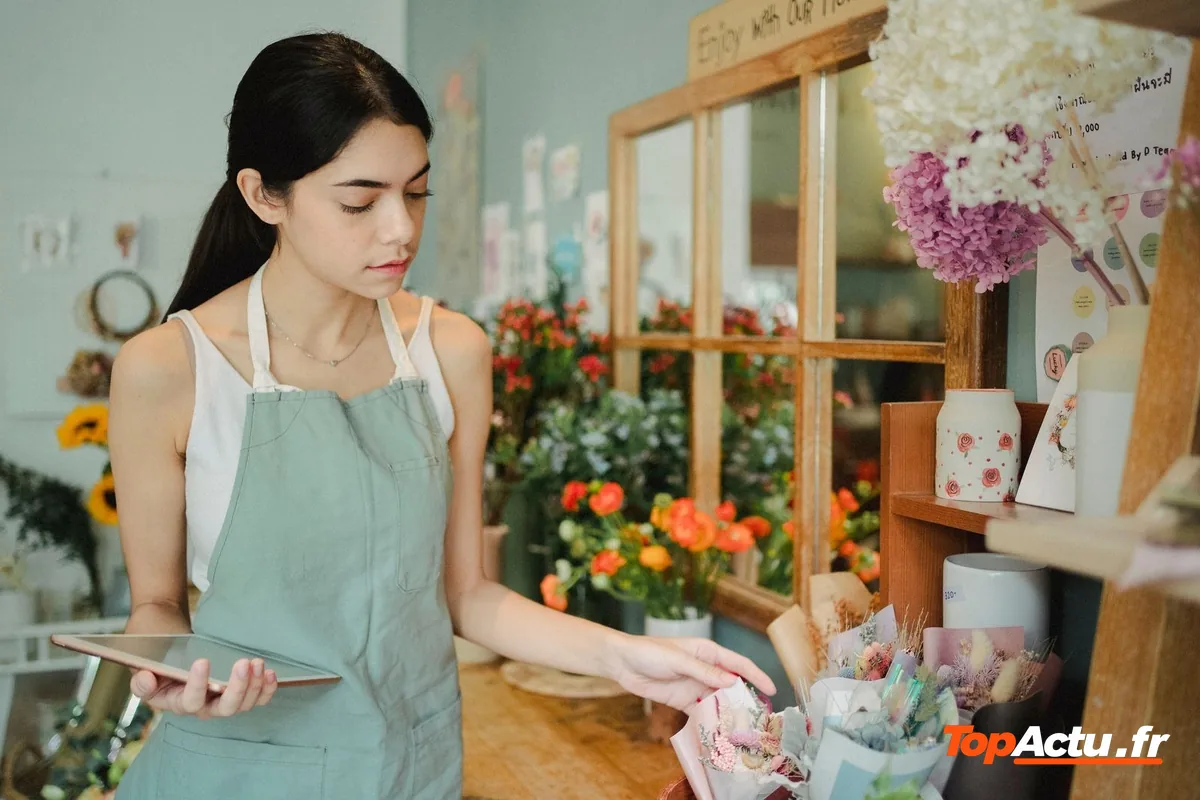 Une fleuriste avec une tablette à la main, dans sa boutique de fleurs