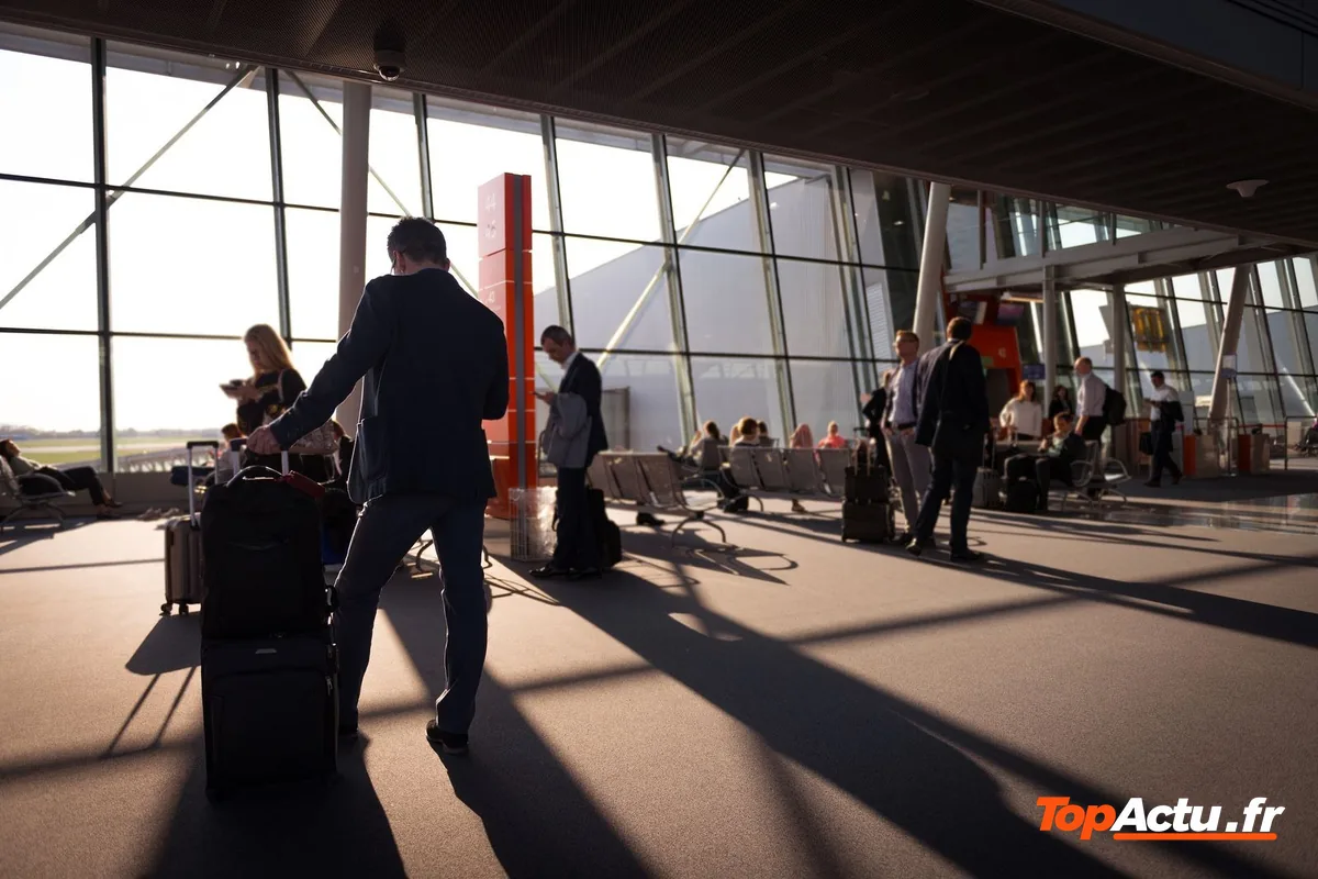 Des voyageurs avec leurs bagages dans un terminal d'aéroport, en contre-jour