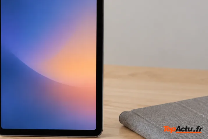 Une petite tablette à l'écran sombre posée sur un bureau en bois clair, à côté d'une housse en tissu et d'un stylet