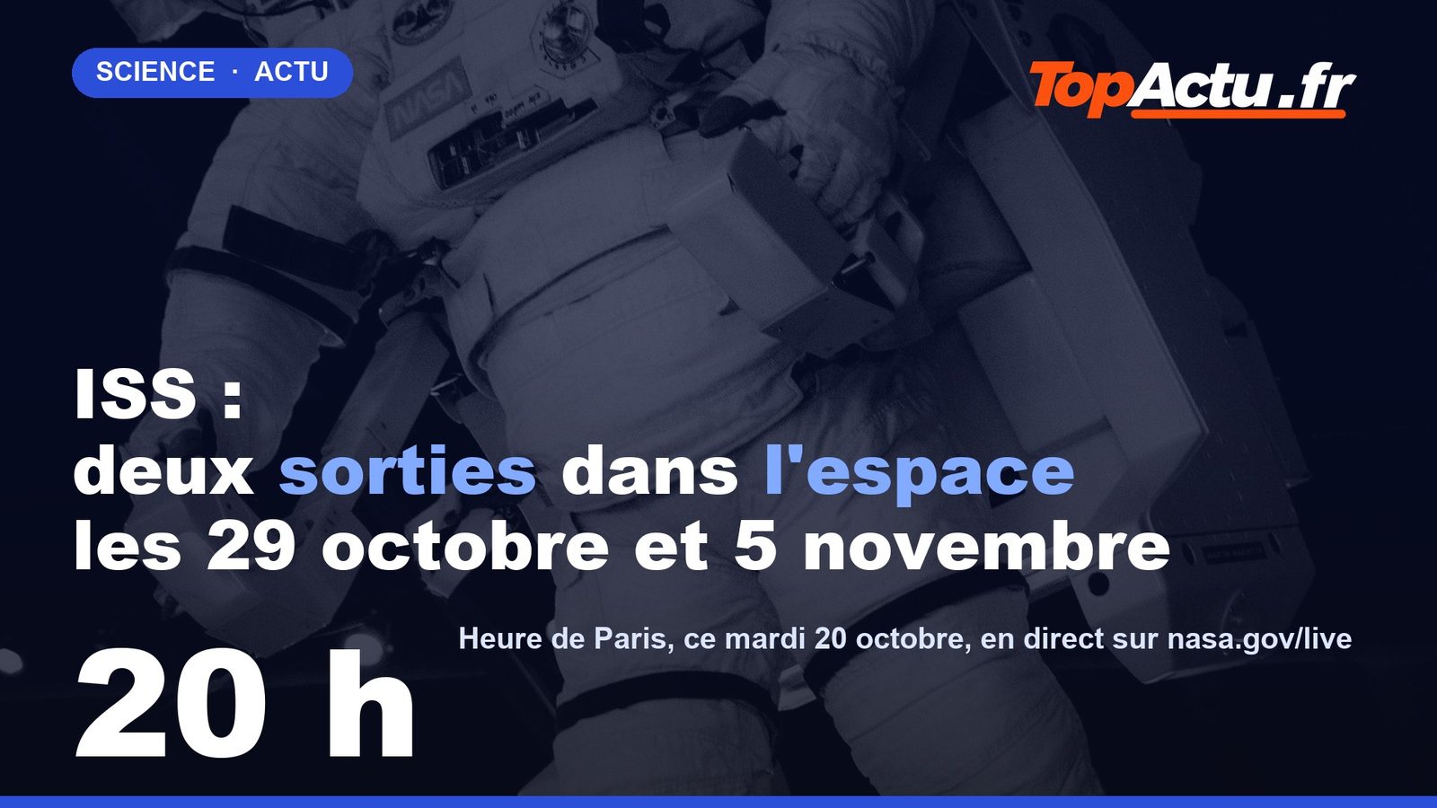 ISS : deux sorties dans l'espace les 29 octobre et 5 novembre : 20 h, image à la une