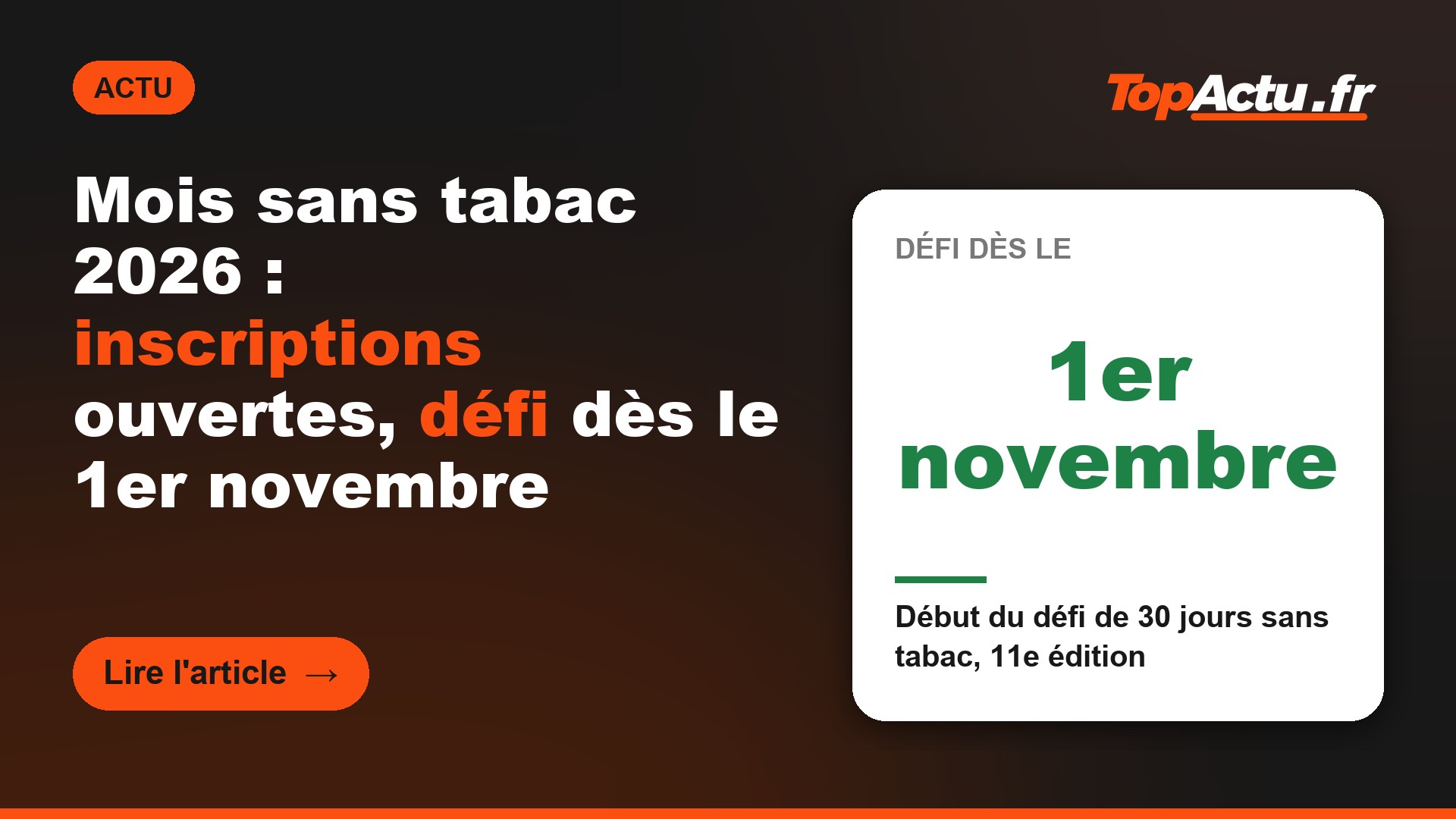 Mois sans tabac 2026 : inscriptions ouvertes, défi dès le 1er novembre : 1er novembre (début du défi de 30 jours sans tabac, 11e édition)
