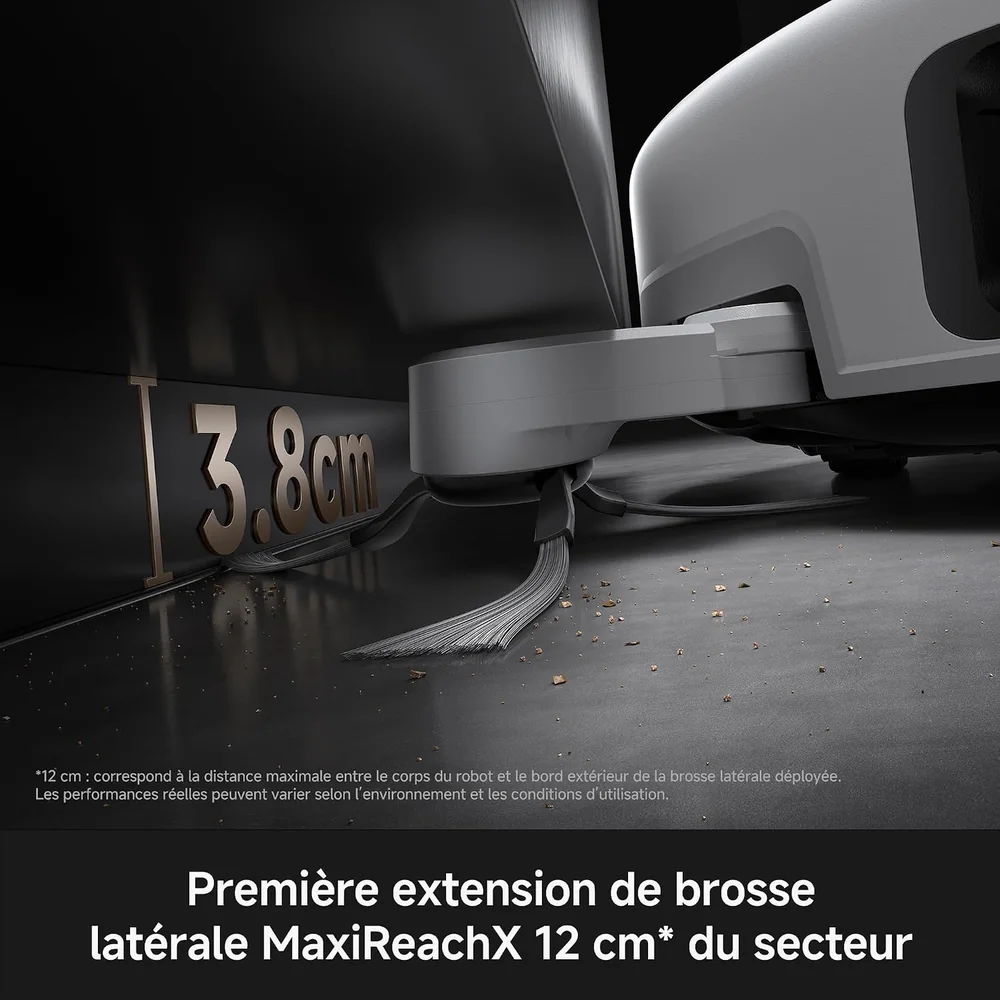 Brosse latérale du MOVA V70 Ultra Complete déployée le long d'un mur grâce au système MaxiReach X