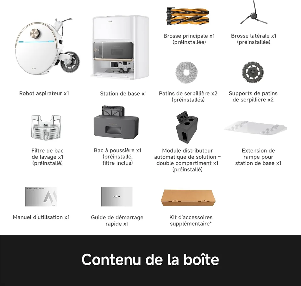 Contenu de la boîte du MOVA V70 Ultra Complete : robot, station, brosses, serpillières, bac, filtre et accessoires