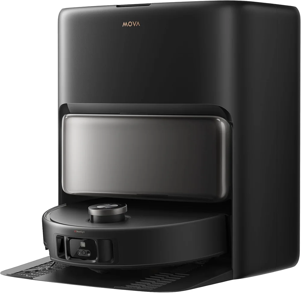 MOVA V70 Ultra Complete en version noire : station et robot vus de face