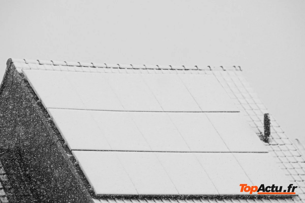 Un toit couvert de neige sur lequel on distingue des panneaux solaires, en noir et blanc