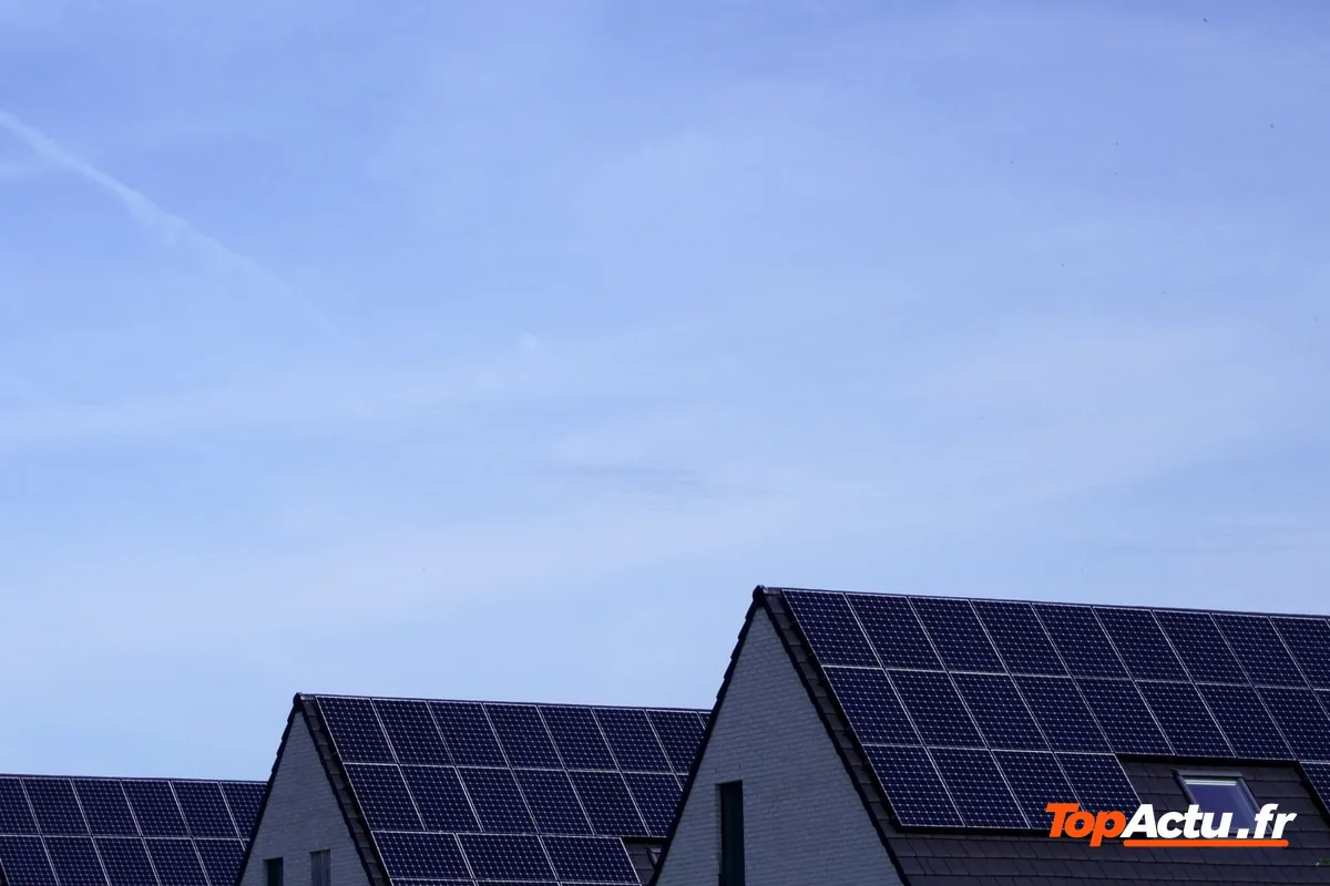 Des toits de maisons équipés de panneaux solaires sous un ciel bleu
