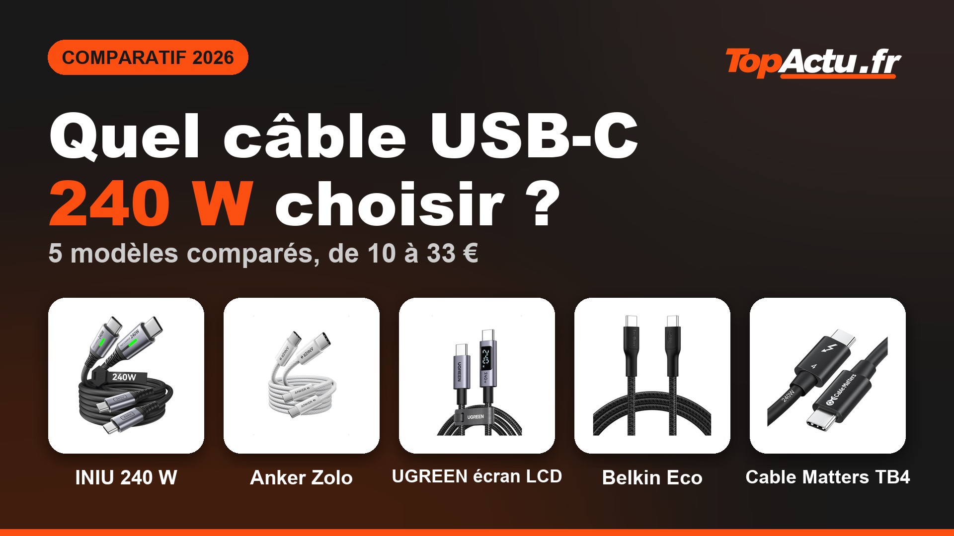 Quel câble USB-C 240 W choisir en 2026 : INIU 240 W pack de 2, Anker Zolo pack de 2, UGREEN 240 W avec écran LCD, Belkin BoostCharge Eco, Cable Matters Thunderbolt 4