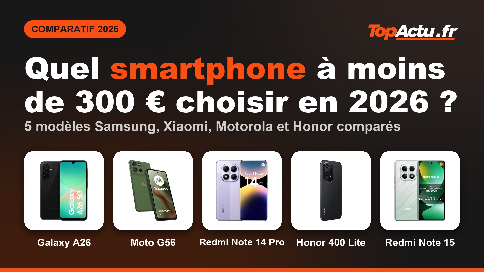 Quel smartphone à moins de 300 euros choisir en 2026 : Galaxy A26, Moto G56, Redmi Note 14 Pro, Honor 400 Lite, Redmi Note 15