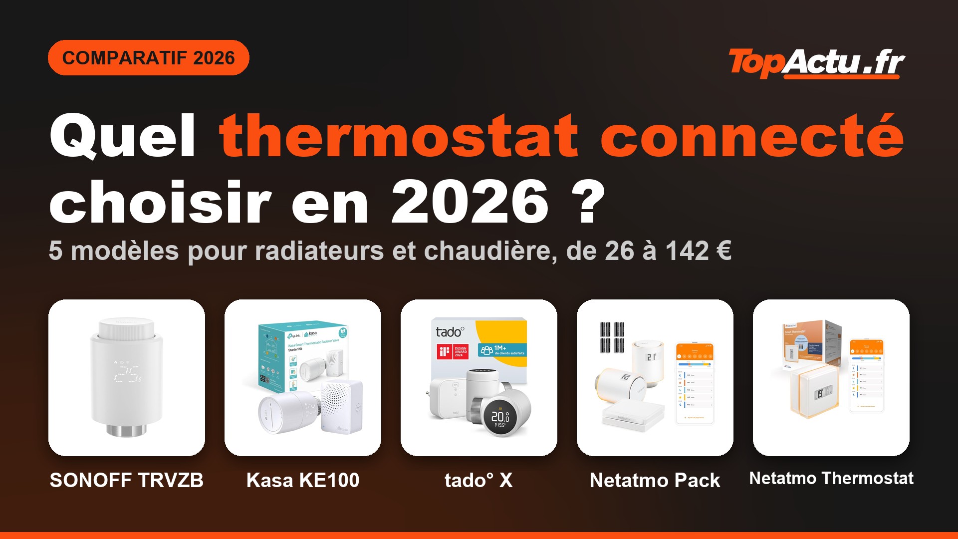 Quel thermostat connecté choisir en 2026 : SONOFF TRVZB, Kasa KE100, tado° X, Netatmo Pack, Netatmo Thermostat