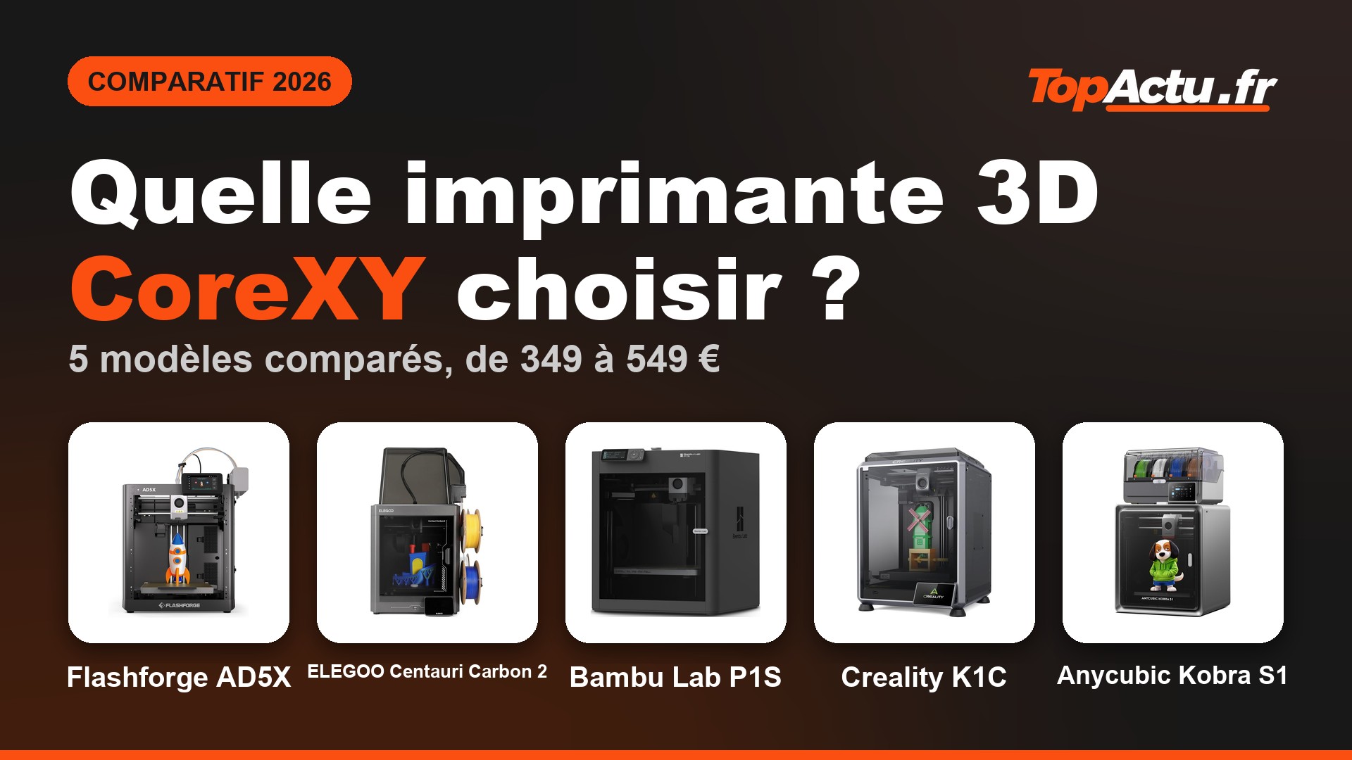 Quelle imprimante 3D CoreXY choisir en 2026 : Flashforge AD5X, ELEGOO Centauri Carbon 2 Combo, Bambu Lab P1S, Creality K1C, Anycubic Kobra S1 ACE 2 Pro Combo