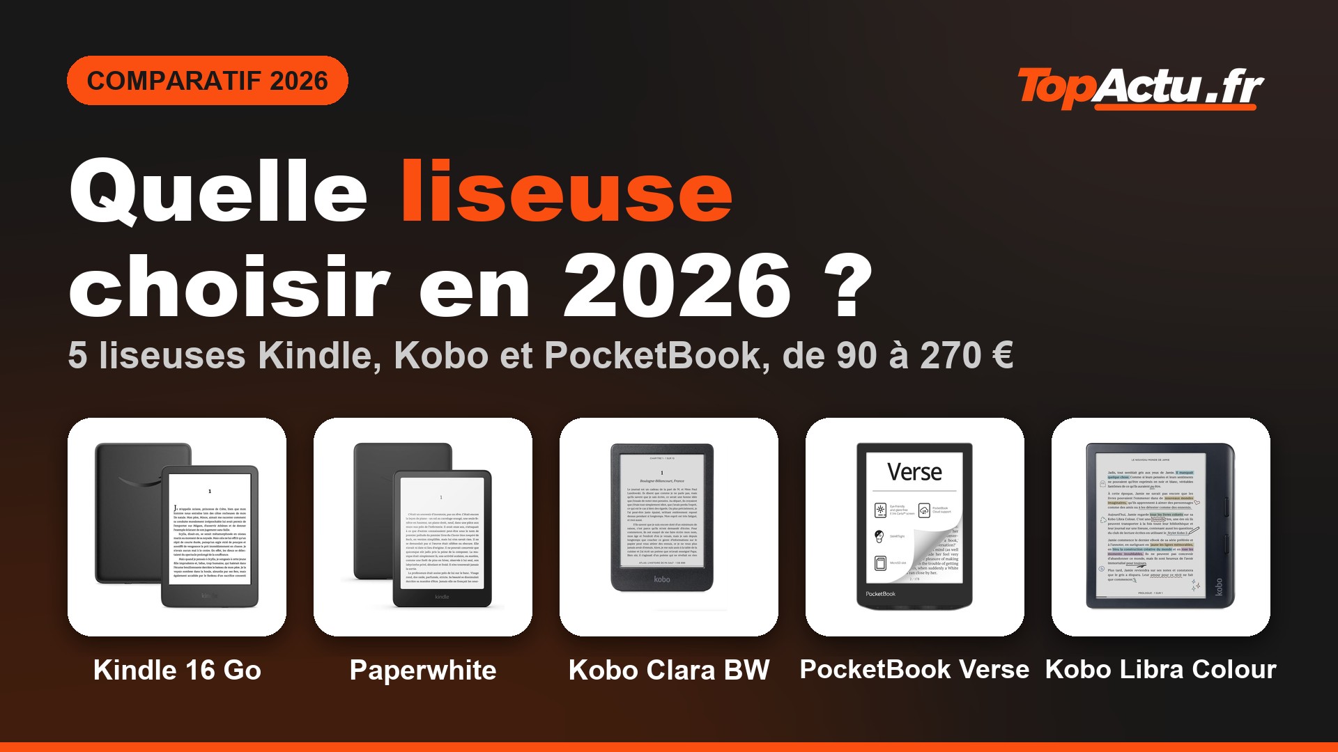 Quelle liseuse choisir en 2026 : Kindle 16 Go, Paperwhite, Kobo Clara BW, PocketBook Verse, Kobo Libra Colour