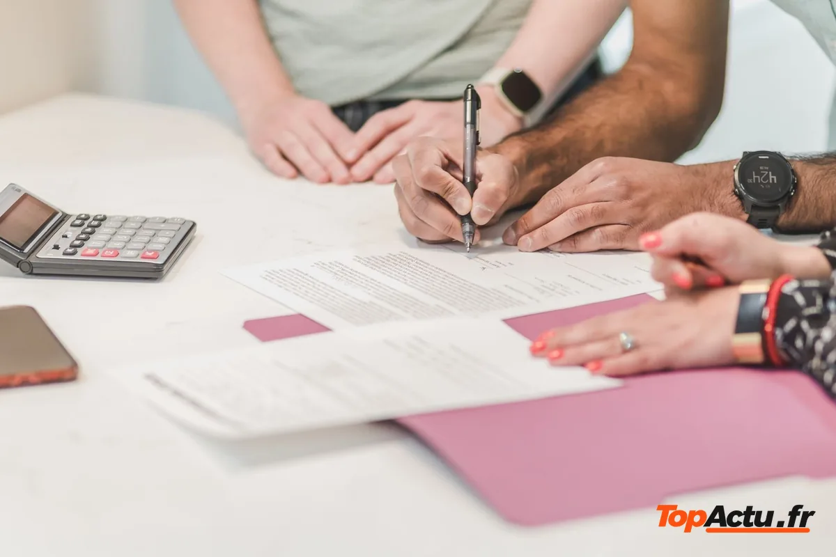 Mains qui signent un document posé sur une table, avec une calculatrice à côté