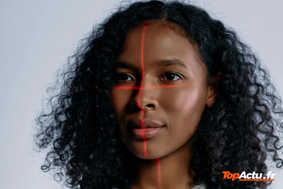 Portrait d'une femme au visage traversé de lignes rouges de balayage, évoquant la reconnaissance faciale