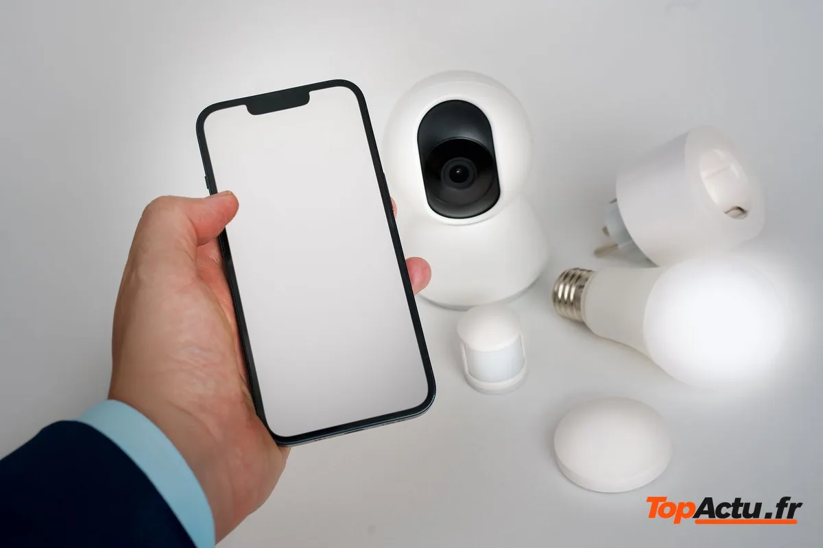 Une main tient un smartphone près d'une caméra connectée et d'ampoules connectées, sur fond blanc