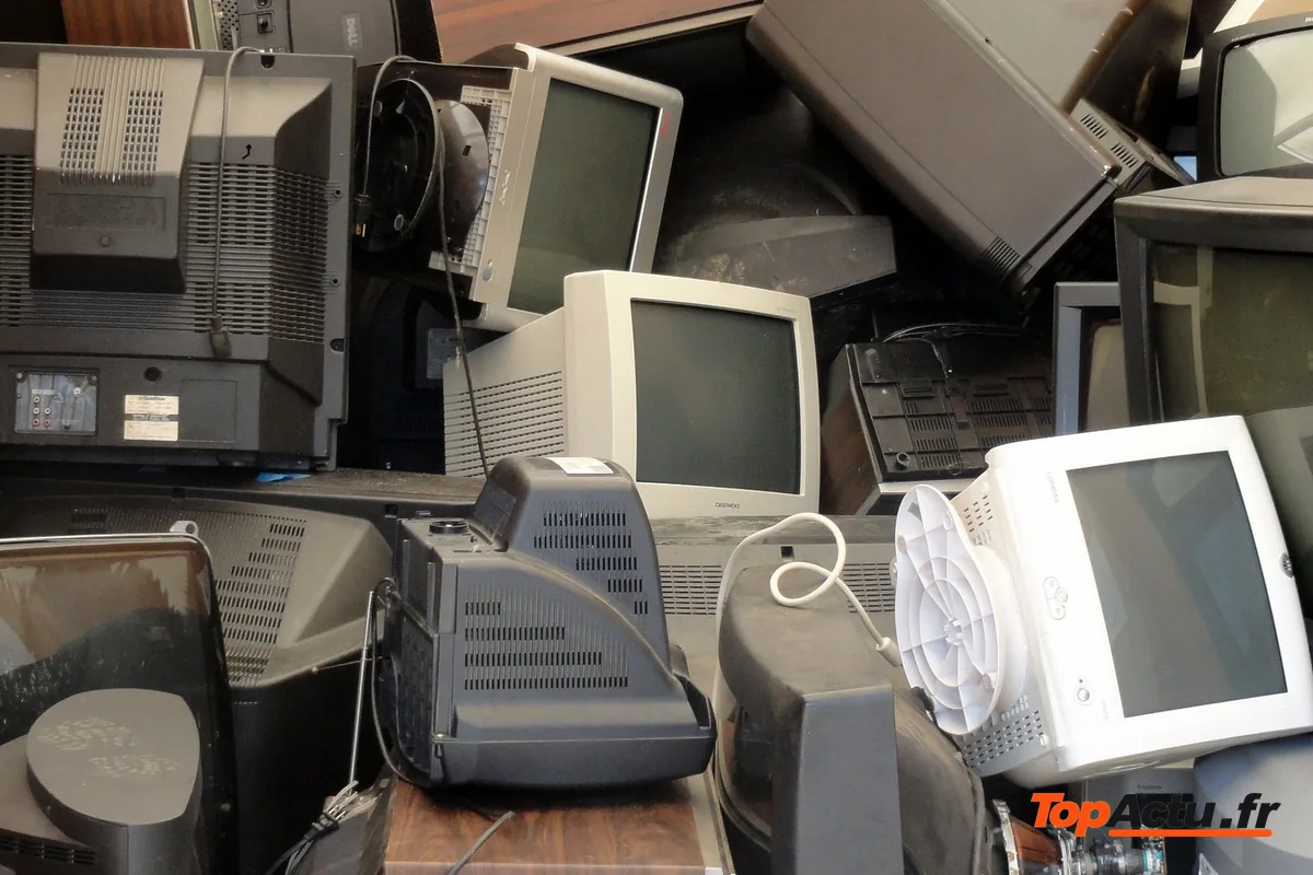Un tas d'anciens écrans, imprimantes et téléphones entassés