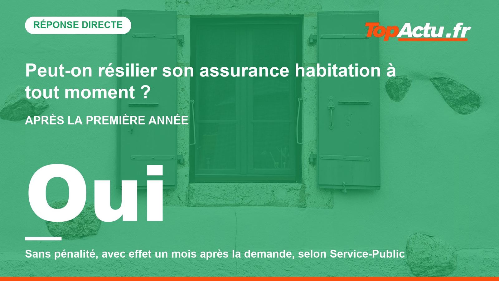 Peut-on résilier son assurance habitation à tout moment ? : Oui (sans pénalité, avec effet un mois après la demande, selon Service-Public)