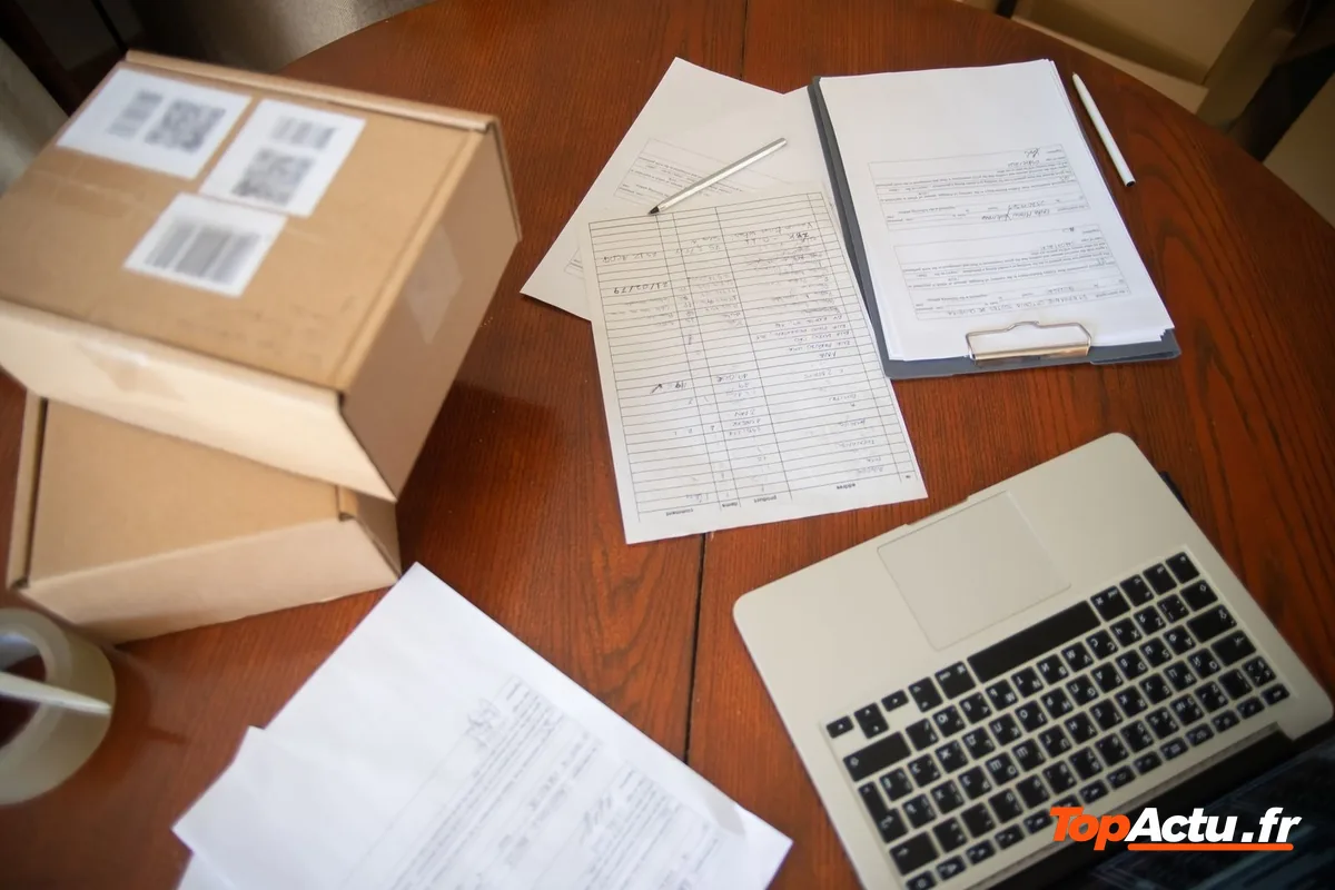 Des colis avec étiquettes à code-barres, des documents et un ordinateur portable sur un bureau