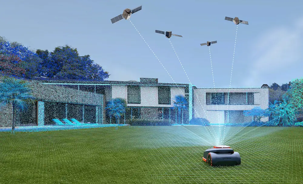 Une tondeuse robot Navimow dans un jardin, avec des satellites et des faisceaux qui illustrent sa navigation sans câble périphérique