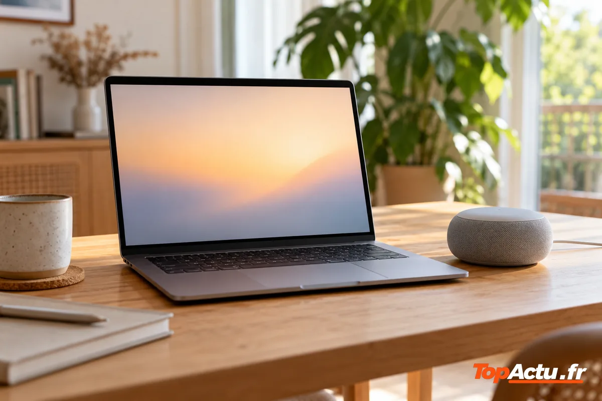 Un ordinateur portable et une petite enceinte connectée posés sur un bureau en bois clair