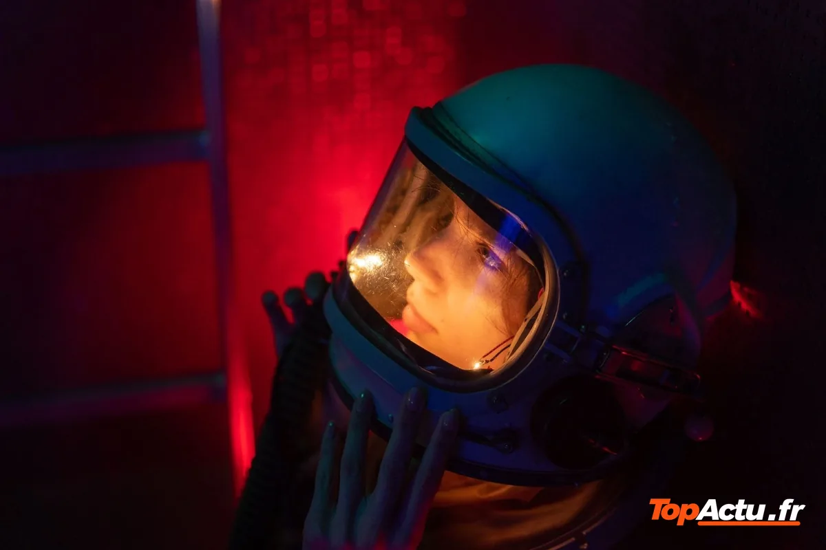 Portrait d'une personne portant un casque d'astronaute, éclairée en rouge et en bleu