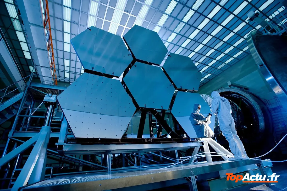 Segments hexagonaux d'un grand miroir de télescope spatial dans une salle blanche, avec des techniciens