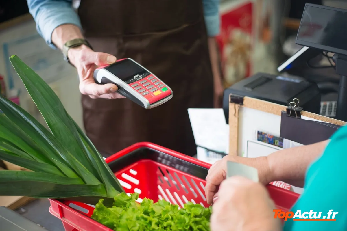 Paiement par terminal au-dessus d'un panier de courses
