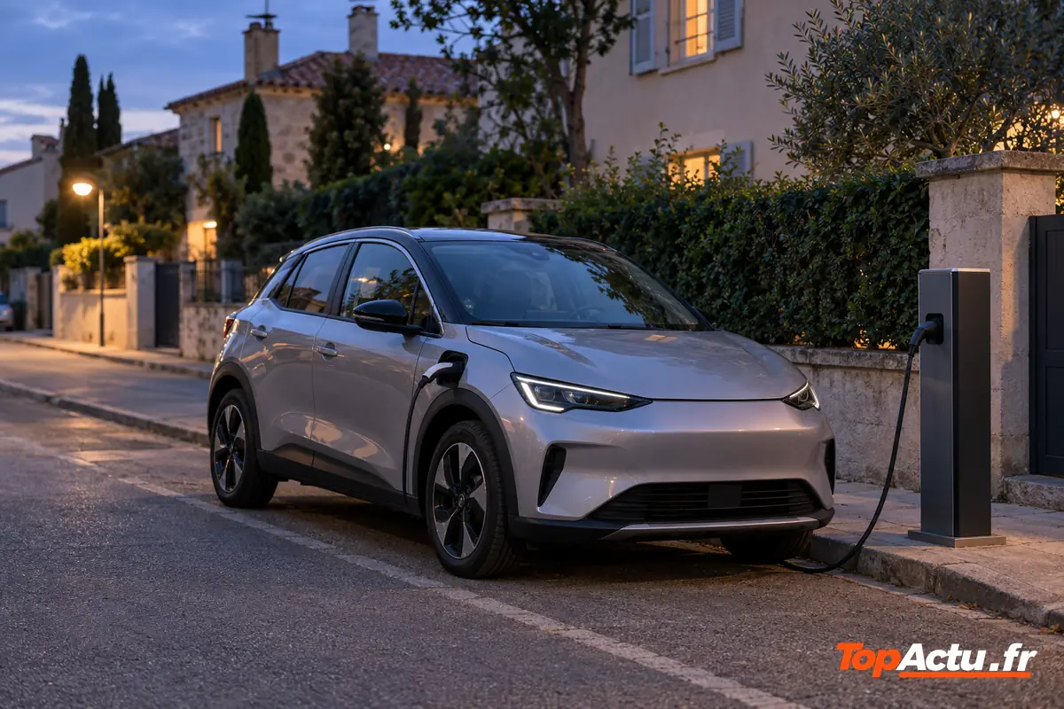 Une petite voiture électrique branchée à une borne de recharge dans une rue résidentielle au crépuscule